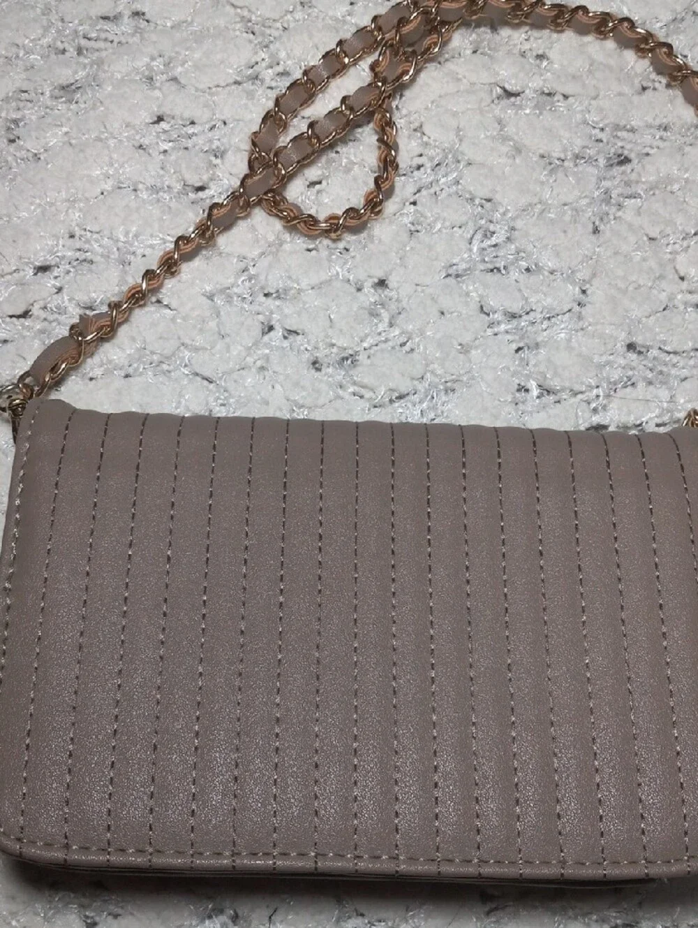 Bebe Quilted Taupe Crossbody with Gold Chain